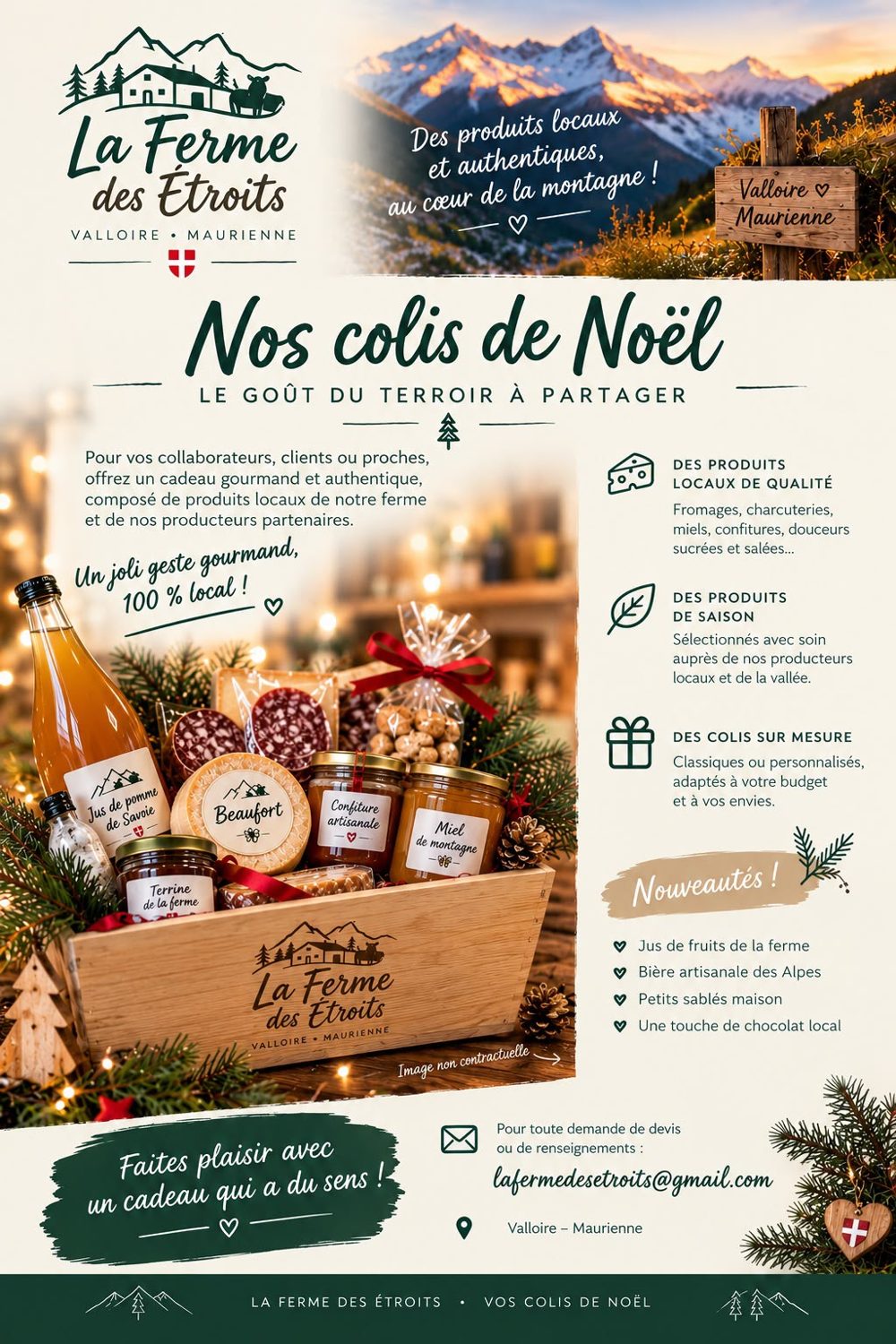 Colis de Noël de la Ferme des Étroits : fromages, charcuteries, confitures et miel de montagne